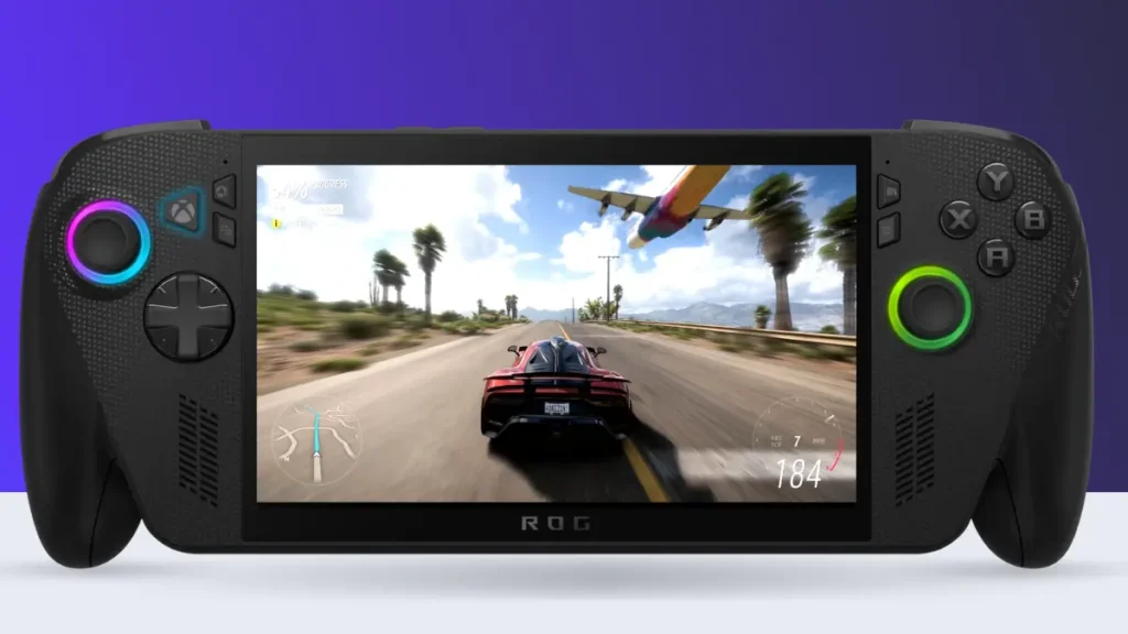 ASUS and Microsoft gaming handheld with RGB joysticks and Xbox controls displaying Forza Horizon gameplay