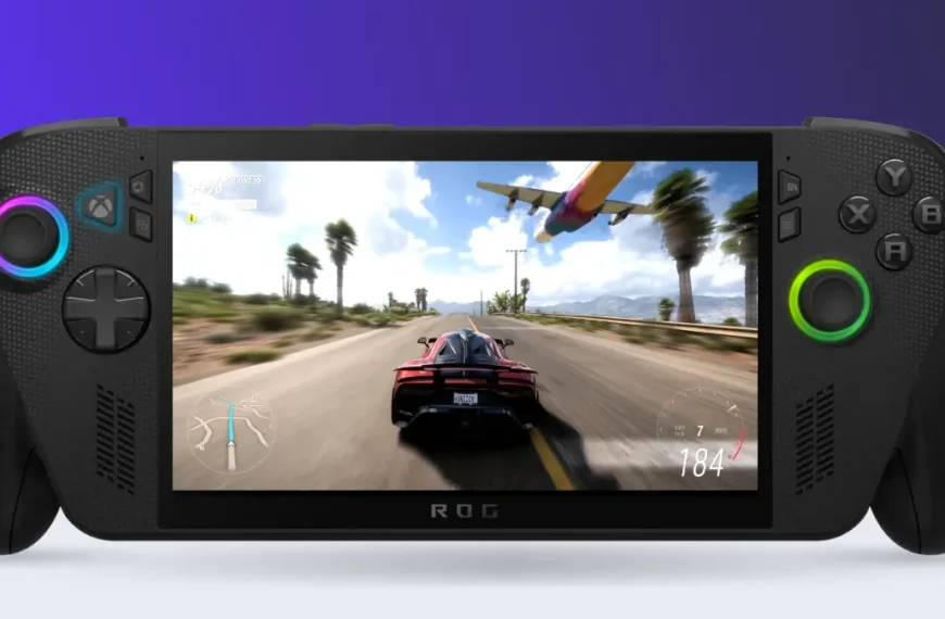 ROG Xbox Ally X gaming handheld front view with RGB joysticks and Xbox controls playing Forza Horizon