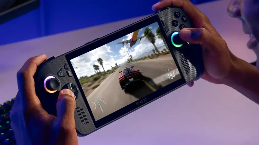 ROG Xbox Ally X handheld gaming console being held while playing Forza Horizon racing game