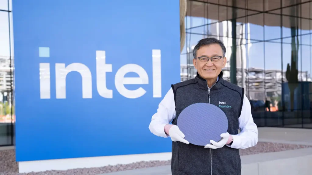 Intel CEO Lip-Bu Tan holding Core Ultra Series 3 Panther Lake wafer with 18A process technology for next-generation mobile processors