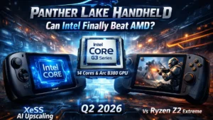 Intel Panther Lake handheld gaming devices featuring Core G3 series processor with Arc B380 GPU, 14 cores, XeSS AI upscaling, launching Q2 2026 to compete with AMD Ryzen Z2 Extreme