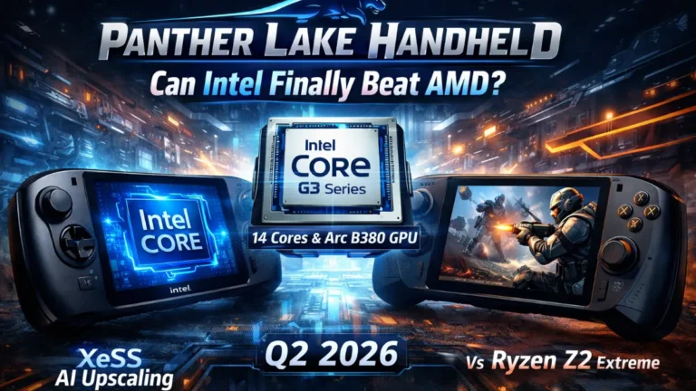 Intel Panther Lake handheld gaming devices featuring Core G3 series processor with Arc B380 GPU, 14 cores, XeSS AI upscaling, launching Q2 2026 to compete with AMD Ryzen Z2 Extreme