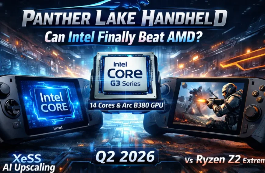 Intel Panther Lake handheld gaming devices featuring Core G3 series processor with Arc B380 GPU, 14 cores, XeSS AI upscaling, launching Q2 2026 to compete with AMD Ryzen Z2 Extreme
